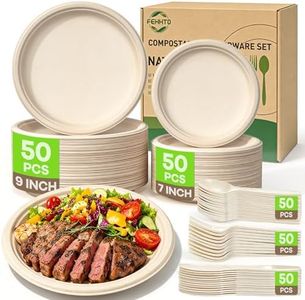 FEHHTO Compostable Paper Plates Set, 250PCS Disposable Heavy-Duty Sugarcane Plate and Eco-Friendly Utensil Biodegradable Dinnerware Plates, Extra Long Forks & Knives & Spoons for Party