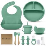 EZIO'S Baby Weaning Set –11 Pieces Silicone Feeding Set - Suction Baby Plate with Round Fruit Feeder with Straw – Baby Bowls with Food Plate,Cup, Bib, Fork, Spoon - (Pale Green) Free Baby Toothbrush