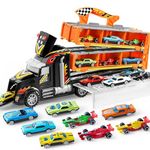 JOYIN Carrier Truck Toys for Kids,5-FT Race Track and 12 Die-Cast Metal Toy Cars, Racing Car with Lights & Sounds, Truck Toy Gift for 3 4 5 Years Old Boys and Girls