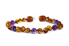 Baby J's - Cognac and Amethyst Coloured Bracelet/Anklet - Premium Amber Bracelet - Handcrafted with 100% Baltic Amber - Fitted with a Safety Screw Clasp - Knotted to Prevent Scattering - 16cm