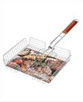 COSKIRA Outdoor Barbecue Clip Net Large Metal Grilled Chicken Grill Barbecue Fish Clip Net Stand Grill Net Barbecue Tools | For Meat, Fish, Vegetable BBQ with Wooden Handle Non-Stick Grill -Silver