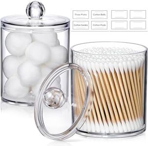 AOZITA 2 Pack Qtip Holder Dispenser for Cotton Ball, Cotton Swab, Cotton Rounds, Floss - 10 oz Plastic Apothecary Jars for Bathroom Canisters, Vanity Makeup Organizer