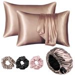 Candibella Silk Bonnet for Hair with 3 Satin Scrunchies, Satin Bonnet for Curly Hair with 2 Pack Satin Pillow Covers, Adjustable Satin Hair Bonnet, Best Gift Combo Pack… (Rose)