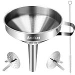 Anaeat Stainless Steel Kitchen Funnel, Multi-Use Premium Metal Food-Grade Cooking Funnels with 2 Removable Strainer Filter for Liquid or Dry Ingredients, Oils, Spices, Powder & Cleaning Brush (5.0")