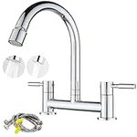 Ankoory Bridge Kitchen Sink Mixer Tap, Kitchen Bridge Mixer, 2 Hole Faucet Deck Mounted (180mm Centres), Dual Levers Kitchen Taps with 2 Function Aerator, 1/4 Turn, 360° Swivel Spout, Brass, Chrome