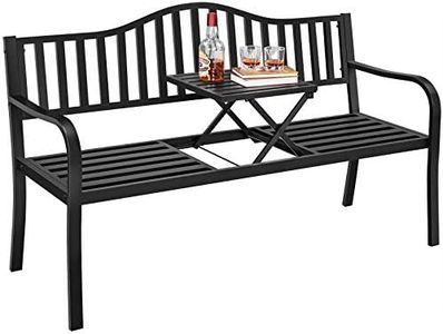Yaheetech Outdoor Garden Bench w/Pullout Middle Table, Metal Patio Bench, Front Porch Bench for Backyard, Weather-Resistant Frame, Patio Seating for 2-3 Person, Black