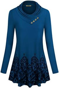 Miusey Tunics for women to wear with Leggings Cowl Neck Tunic Pullover Long Sleeve A Line Leggings Shirts Flower Printed Tunic Blouses Dressy Casual Tunic Tops Blue Flower 3X-Large