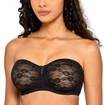 DOBREVA Women's Strapless Bras See Through Sheer Lace Non Padded Underwired Multiway Bra Black 36D