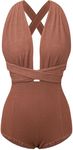 COCOSHIP Latte & Light Brown Crinkled Fabric Women's Retro One Piece V-Neck Swimsuit Bather High Waist Criss Cross Monokini L(US10or12)