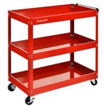 Crystals Tool Trolley on Wheels, 3-tier Tool Storage Organiser with Lockable Wheels, Garage Tool Service Cart with Handle, 72cm x 65.5cm x 35cm, Red