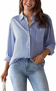 Ladies Shirts Womens Causal Button Down Blouse Stripe V Neck Long Sleeve Tops Tunics Basic Longline Shirts Fashion Office Work Blouses Cotton Stylish Tops Blue M