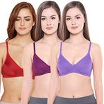 BODYCARE Women's Cotton Non-Padded Wire Free Regular Bra (E1518REWIPU-3PCS-32B_Red, Wine, Purple_32)