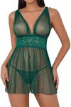 OYOANGLE Women's 2 Piece Polka Dots Lace Sheer Mesh V Neck Babydoll Teddy Lingerie Set Dark Green Small