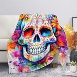 Kuiaobaty Mexican Sugar Skulls Fluffy Blanket for Couch Sofa, Colorful Candy Skull Flowers Warm Bed Blankets Soft Throw Over Bedspread