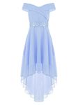 CHICTRY Girls Off Shoulder Hi-Lo Rhinestone Dress Chiffon Bridesmaid Dress Wedding Pageant Evening Gown Sky Blue 9-10 Years