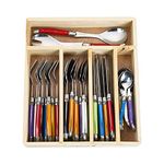 Laguiole By FlyingColors Cutlery Set Stainless Steel Flatware Set. Multicolor Handles, Wooden Storage Box, 34 Pieces