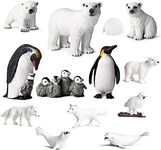 Techshining 13pcs Arctic Animal Toy Figurines Set Realistic Polar Animal Playset Cake Toppers, Polar Bear Family, Emperor Penguin Family, Snowy Owl, Seal, Arctic Wolf, Arctic Fox