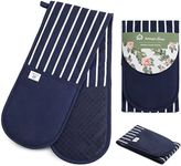 Blue Double Oven Gloves | Butcher Stripe Maximum Heat Resistant Protection | Double Oven Mitt With Silicone Non-slip Design | Machine Washable Thick Oven Glove Home & Kitchen Accessories.