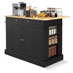 SILKYDRY Kitchen Island with Drop Leaf, Storage Cabinets with Shelves and Drawers, Island Table with Rubber Wood Top, Spice Racks, Coffee Bar Table for Living Room, Dining Room, No Wheels (Black)