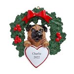 Personalised Brown Pug Dog Xmas Tree Ornament, Customised Pug Dog With Wreath Christmas Dog Ornament, Christmas Decoration Dog Ornament