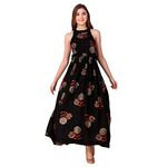 Daevish Women's Rayon Printed A-Line Maxi Dress (X-Large, Black)