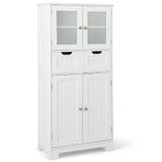 COSTWAY Bathroom Floor Cabinet, Freestanding Storage Cupboard with Tempered Glass Door, 2 Drawers and Adjustable Shelves, Wooden Floor Storage Cabinet Unit for Living Room Kitchen Hallway (White)