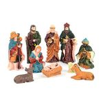 SHATCHI Small/Large Handmade Nativity Scene Birth Jesus Christ Wooden Stable and 10pcs/12pcs Figurine House Sculpture Christmas Decoration Xmas Décor, Multicolour, 10pcs Figures