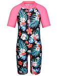 HUAANIUE Girls Swimsuit Pink UPF 50+ UV Swimsuit One Piece Flower Swimming Zipper 8-10 Years Solar Costume Summer Clothes, B014 Swimwear Flowerblack, 11-12 Years