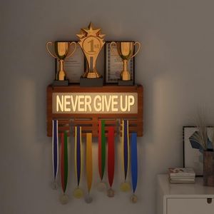 Ammonite Light up Medal Hanger Display, Holder Rack for Awards or Ribbons, Sports Themed Ribbon Holder for Wall, Tiered Award Rack (NEVER GIVE UP-2)