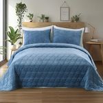 KASENTEX Large Luxurious Velvet Quilt Set, 3-Piece Stitch Bedding with Ultra Soft Lightweight Comforter and 2 Pillow Shams, Bedspread Coverlet for All Season, Oversized Queen, 102x106 in, Navy Blue