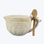 Young's Inc. Ceramic Mixing Bowl with Wooden Spoon, Country Style Ceramic Bowl with Handle and Pour Spout, 8" x 7" x 5", Perfect for Mixing, Whipping, Modern Farmhouse Decor