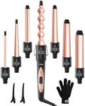 7 in 1 Curling Iron Wand Set, Ohuhu Upgrade Curling Wand with 7Pcs 0.35 to 1.25 Inch Interchangeable Ceramic Barrel and Heat Protective Glove, Dual Voltage Hair Curler, Rose Gold, Idea for Gift