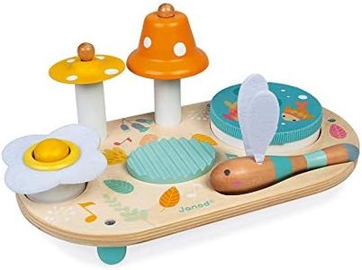Janod - Table Musicale Pure en Bois - Jouet en Bois d'Éveil Musical - Avec Cymbale, Cloche et Tambourin Amovible - Peinture à l'Eau - de 3 à 8 Ans, J05164