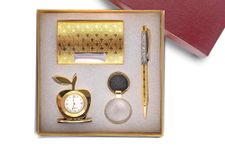 Lavanaya Silver 4 In 1 Gift Set With Table Clock, Metal Keychain, Card Holder And Crystal Pen Set For Corporate Gifting Diwali Gifting - Analog