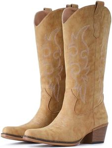 IUV Cowboy Boots For Women Western Cowgirl Boots Mid Calf Snip Toe Boot With Chunky Heel