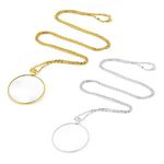 Yolev 2 Pieces Necklace Magnifier, 5X Magnifying Glass Pendant with 1.65 inch Diameter Glass Lens and 17.8 Inch Long Alloy Chain for Reading, Library, Zooming, (Gold, Silver)