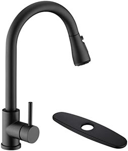 Sink Faucet, Black Kitchen Faucet with Pull Down Sprayer VFAUOSIT Commercial Stainless Steel Laundry Single Handle Pull Out Kitchen Faucets with Deck Plate, with Matte Black Deck Plate