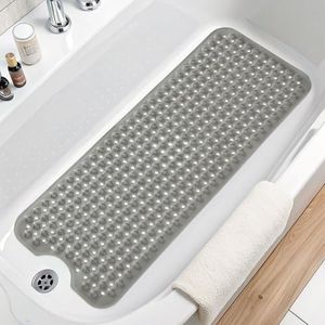 Arotive Bath Tub and Shower Mats, Extra Long Non-Slip 39 x 15 Inch Bath Mat with Drain Holes and Suction Cups, Bath Mats for Inside Shower, Machine Washable, Bathroom Essentials, Light Grey