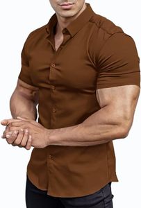 EOUOSS Men’s Muscle Fit Dress Shirts Athletic Slim Fit Short Sleeve Stretch Casual Button Down Shirt, Brown, XX-Large