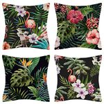 STELLARX Tropical Floral Flamingo Cushion Covers 18x18 inches, Green Leaves Linen Throw Pillow Cases for Home Sofa Bed Car Decor, Pack of 4(Floral Flamingo)