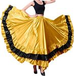 Women Girls Black-Circle Long Satin Skirt for Belly Dance Spanish Bull Gypsy Flamenco Performance, Deep Gold Theme, One Size