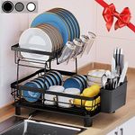 Dish Drying Rack, SEENWUUN Dish Rack, Stainless Steel Drying Rack Kitchen for Counter, Drying Rack Dishes with Removable Utensil Holder, Drainboard and Swivel Spout(Black,2 Tier)