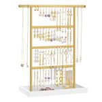 SONGMICS Jewellery Stand, 4-Tier Earring Holder Stand with Tray, Jewellery Organiser, Base Tray, for Studs Necklaces, Vintage, White and Gold Colour JJS019A01