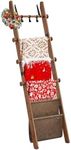 VASAGLE Blanket Ladder for Living Room, 5-Tier Wooden Ladder Shelf, Decorative Farmhouse Blanket Rack with Synthetic Leather Bag, Metal Hooks, Side Hooks, for Bedroom, Caramel Brown ULLS022K01