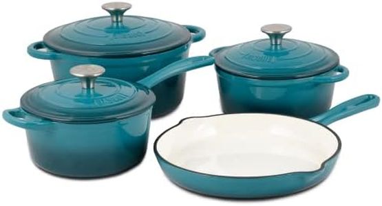 Basque Enameled Cast Iron Cookware Set, 7-Piece Set (Biscay Blue), Nonstick, Oversized Handles, Oven Safe; Skillet, Saucepan, Small Dutch Oven, Large Dutch Oven, 10.25", 2QT, 2.25QT, 4.75QT