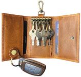 Rusitc Town Leather Zippered Key Organizer Keychain, Slim Compact Key Holder with Secure Hook, Keys Pouch Case (Cognac)