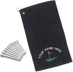 Personalised Golf Towel Plus 10 Tees - Tri Fold Microfibre Golf Towels for Golf Bags with Metal Carabiner Clip - Embroidered Golfers Gift for Dad Husband Him Her - Black