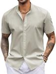 COOFANDY Mens Short Sleeve Collarless Shirt Casual Short Sleeve Button Down Slim Fit Shirt Summer Beach Tops Light Grey