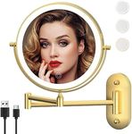 MIROAMZ Rechargeable Wall Mounted Lighted Makeup Vanity Mirror 8 Inch Double Sided 1X 10X Magnifying Bathroom Mirror, 3 Color Lighting, Touch Screen Dimming, 360 Rotation Shaving Mirror (Gold)