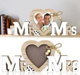 Mr & Mrs Picture Frame Wedding Gift Anniversary Ornament Personalised Heart Photo Frame for Couple Wood Wedding Picture Holder Photo Stand Newlywed Anniversary Craft Family Ornament Couple Gifts